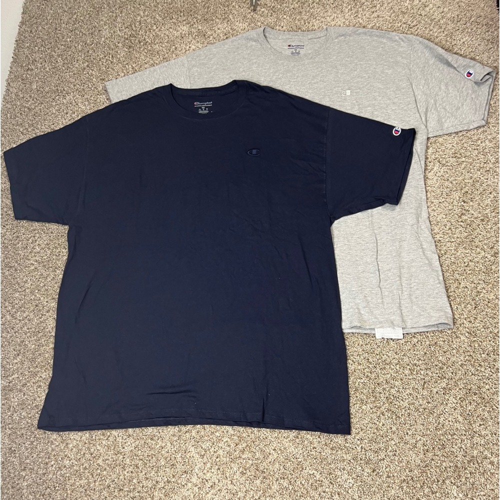 Champion Mens 2XL T-Shirt Lot of 2 Navy Blue Heather Grey Short Sleeve Crewneck